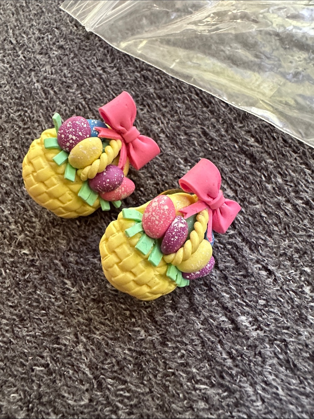 Handmade vintage Springtime Yellow Basket Earrings with Pink Bow Accent